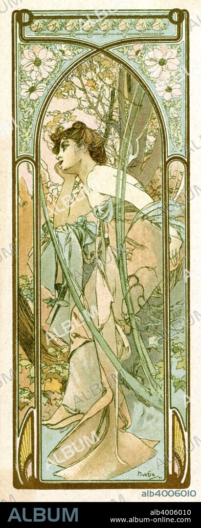 ALPHONSE MUCHA. 'Reverie of Evening', 1899. A woman in a pink and green gown rests her chin on her hand.