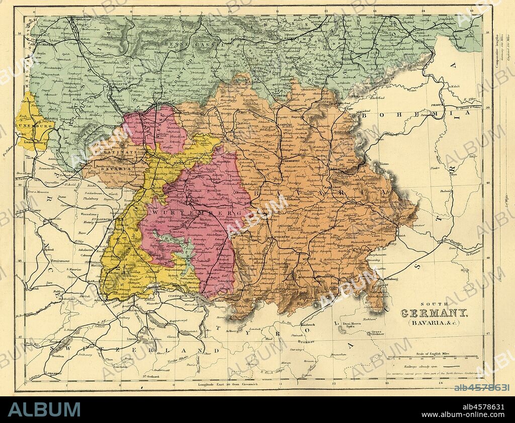 Map of South Germany and Bavaria, c1872. 'The territories colored green form part of the North German Confederation'. Also showing Luxembourg, part of Prussia, the Palatinate of Bavaria, Hesse, Baden,  Hohenzollern and Wurtemberg. From "The Franco-Prussian War: its causes, incidents and consequences", Volume I, by Captain H M Hozier. [William Mackenzie, London, 1872].