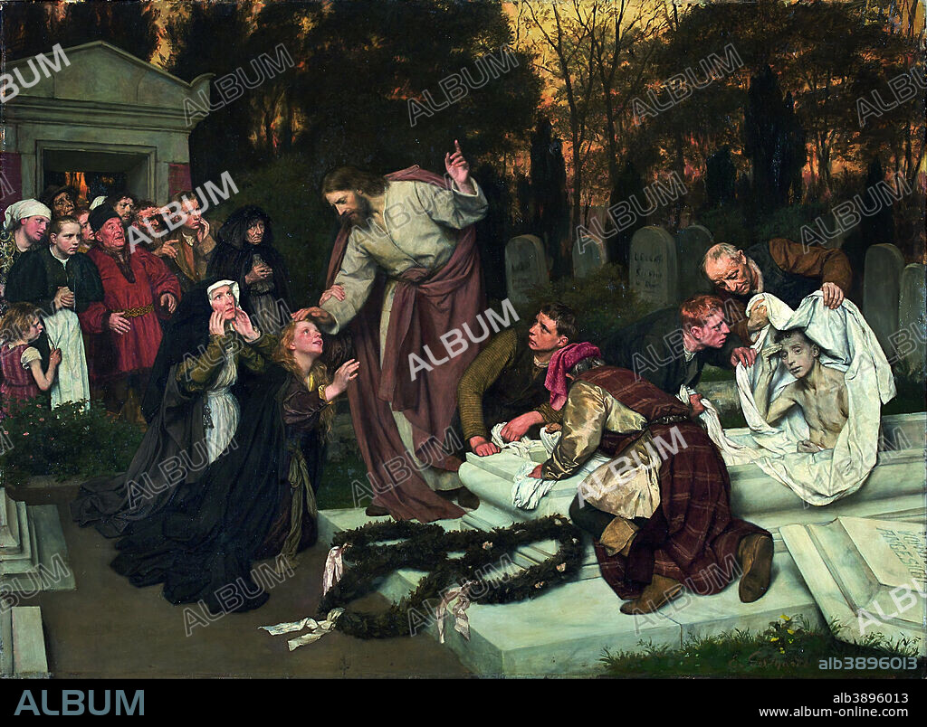 EDUARD VON GEBHARDT. The Raising of Lazarus. Date/Period: 1896. Oil on walnut. Öl auf Nussbaum. Height: 1,175 mm (46.25 in); Width: 1,598 mm (62.91 in).