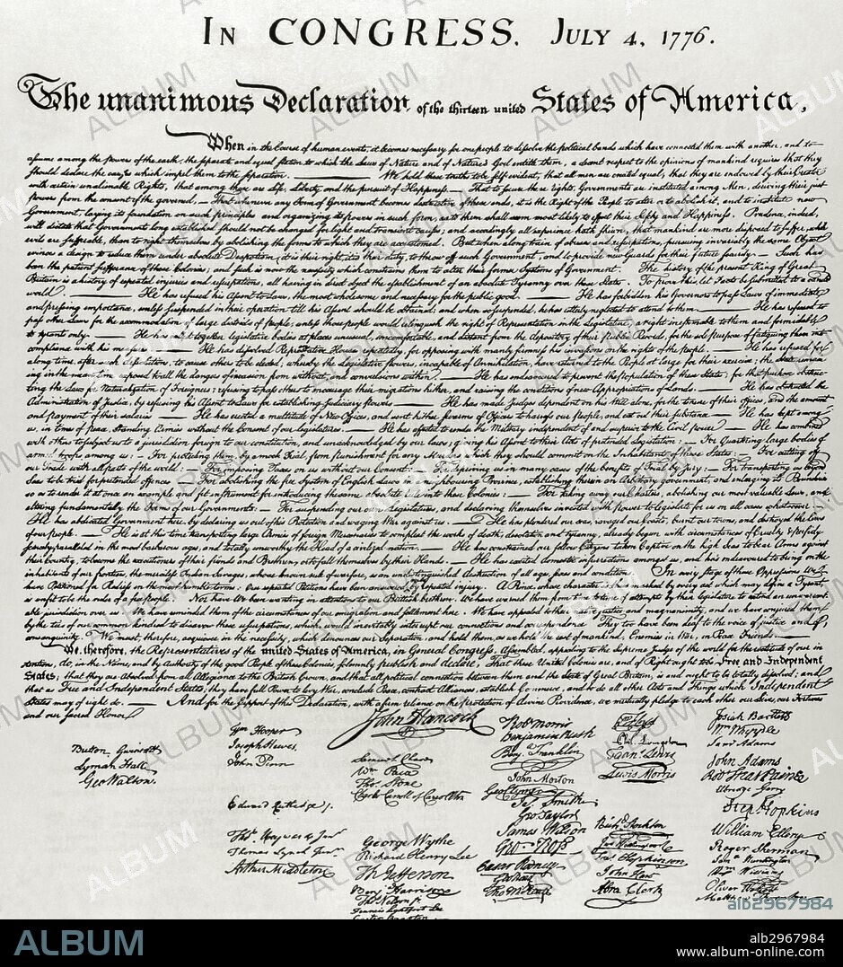 DECLARACION DE INDEPENDENCIA DE LOS ESTADOS UNIDOS. 4 de julio de 1776. Autores: Thomas Jefferson, John Adams y Benjamin Franklin. Declara la independencia de los EEUU respecto del Reino de Gran Bretaña. Facsímil. Siglo XIX.