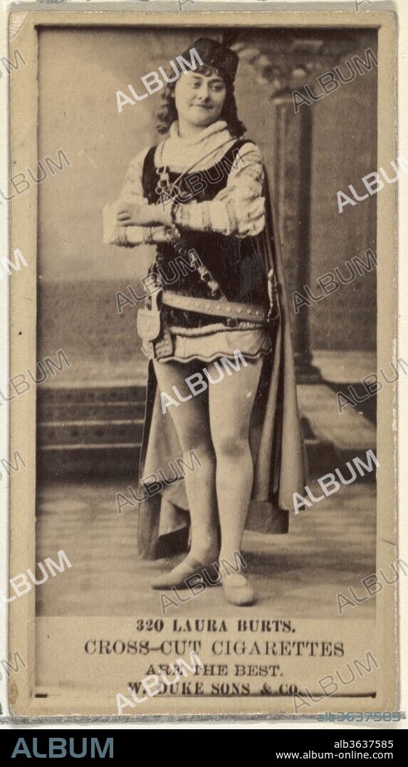 Card Number 320, Laura Burt, from the Actors and Actresses series (N145-3) issued by Duke Sons & Co. to promote Cross Cut Cigarettes. Dimensions: Sheet: 2 11/16 × 1 3/8 in. (6.8 × 3.5 cm). Publisher: Issued by W. Duke, Sons & Co. (New York and Durham, N.C.). Date: 1880s.
Trade cards from the set "Actors and Actresses" (N145-3), issued in the 1880s by W. Duke Sons & Co. to promote Cross Cut Cigarettes. There are eight subsets of the N145 series. Various subsets sport different card designs and also promote different tobacco brands represented by W. Duke Sons & Company. This card is from the third subset, N145-3. Note that actors' names are spelled differently on cards throughout set and are not dependable for accuracy.