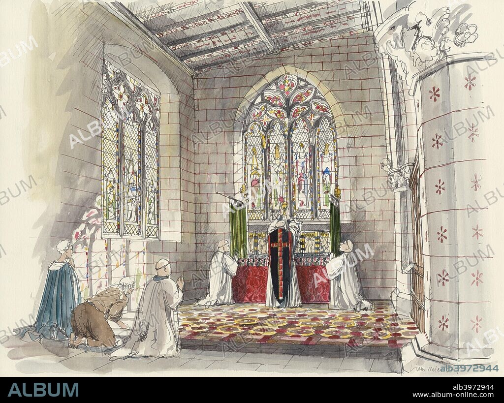 St Peter's Church, Barton-upon-Humber, Lincolnshire. Reconstruction drawing of the interior of the church in the 15th century showing a priest at the altar.