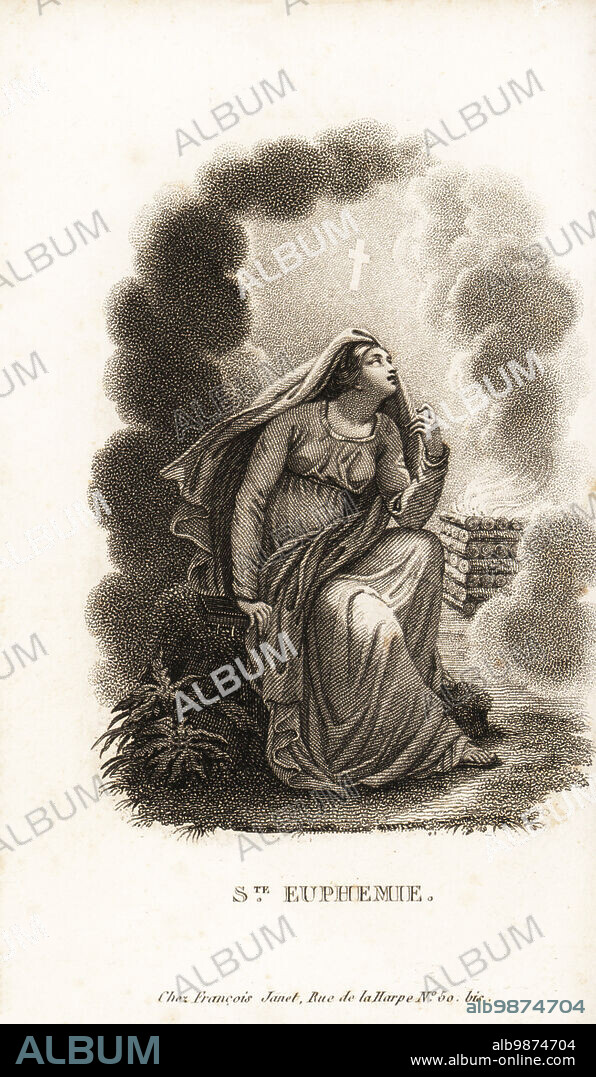 Saint Euphemia, the All-praised, martyred 307 AD. Sainte-Euphemie, Christian virgin martyr saint. Tortured and then thrown to wild animals in an arena at Chalcedon. Depicted with a flaming pyre. Copperplate stipple engraving from Mr. M. Es Les Jeunes Martyres de la Foi Chretienne, Young Martyrs of the Christian Faith, Francois Janet, Paris, 1819.