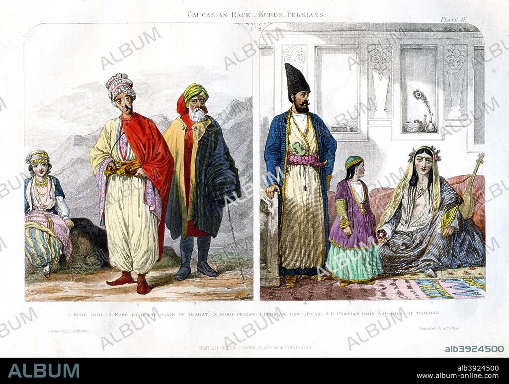'Caucasian Race, Kurds and Persians', 1873. The Kurds are an ethnolinguistic group inhabiting parts of Iran, Iraq, Syria, and Turkey (a contiguous region commonly referred to as Kurdistan). The Persians are an Iranian people who speak the Persian language. Kurd Girl, Kurd from the Plain of Ararat, Kurd Priest, Persian Gentleman, Persian Lady and Girl of Teheran.
