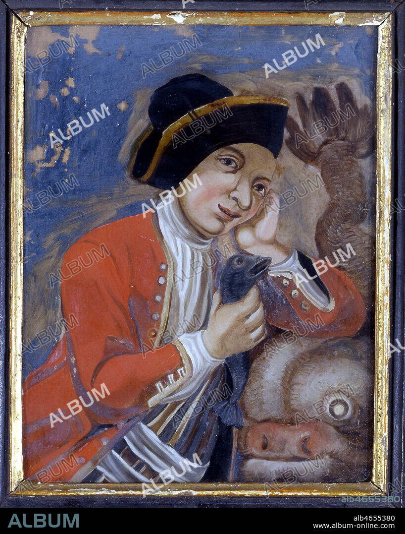 ' Le nain de Stanislas. ' Le nain Nicolas FERRY (1741-1764) etait le favori du Duc Stanislas LESCZINSKY, qui l'installa a la cour de Luneville pour son amusement. Peinture derriere verre, 18eme siecle. Musee des Beaux-arts d'Epinal. Credit: Photo Prud'homme/KHARBINE-TAPABOR.