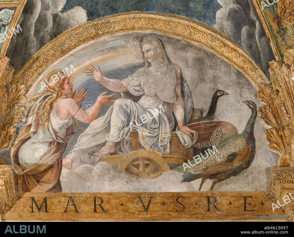 Mantua, Palazzo Te (Residenza estiva dei Gonzaga), Sala di Amore e Psiche: view of the vault, with frescoes by Giulio Romano and his assistants (1526 - 1528). Giulio Romano got his inspiration from Apuleius' Metamorphoses.. Detail of the vault with Psyche begging Juno.