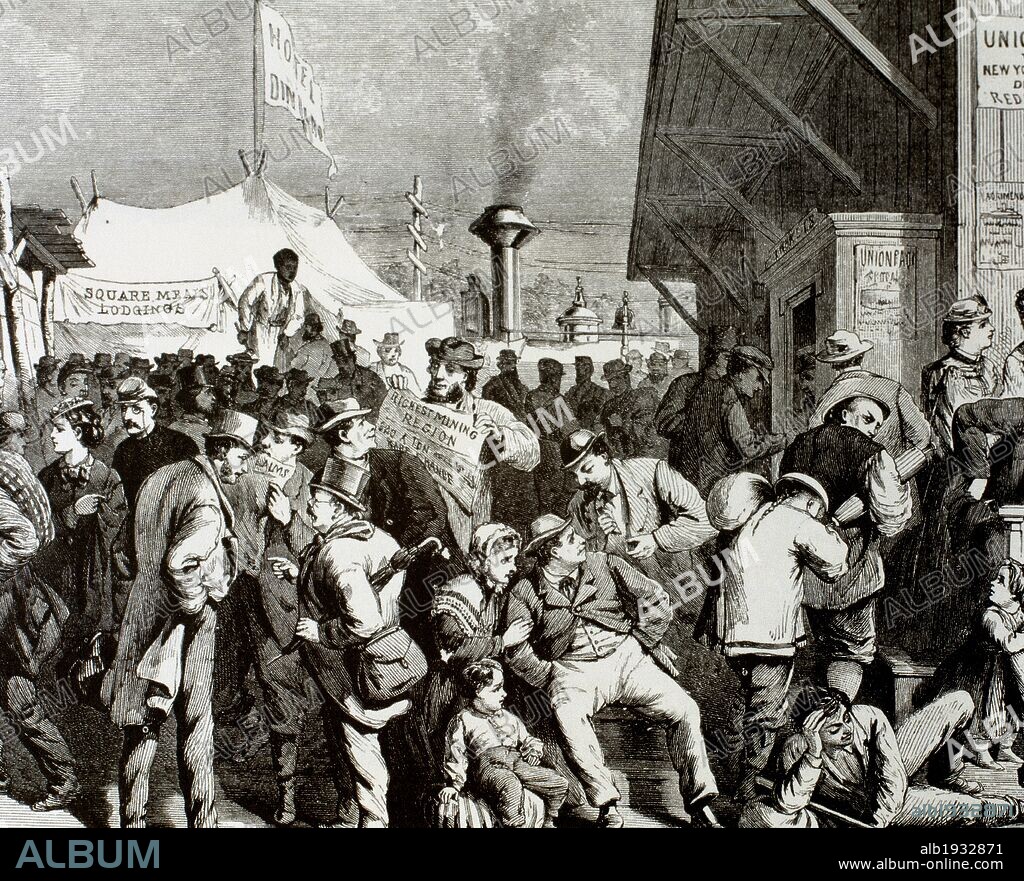 HISTORIA DE LOS ESTADOS UNIDOS. SIGLO XIX. "ESTACION DE FERROCARRIL DE LA COMPAÑIA UNION PACIFIC" (año 1869). Indios, soldados, familias de emigrantes europeas utilizaban este medio de transporte para desplazarse a sus nuevos hogares. Grabado que se publicó en el periódico "Frank Leslie's" en el año 1869.