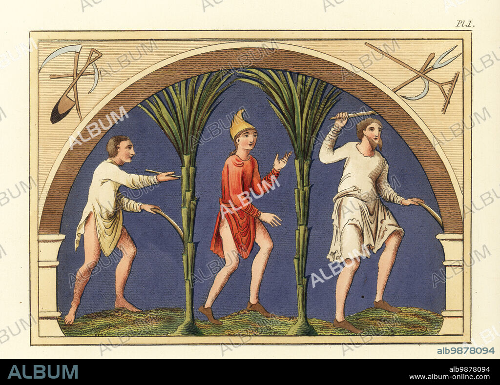 Anglo-Saxon labourer and farmers, 8th century. Laborer (or slave) in simple tunica without a belt (Harley Psalter MS 603), a farmer (or free man) in tunica and Phrygian hat (Hexateuch, Cotton MS Claudius B iv) and a high-rank farmer in knee-length tunica and leggings (Bodleian MS Junius xi). Handcoloured engraving by Joseph Strutt from his Complete View of the Dress and Habits of the People of England, Henry Bohn, London, 1842.