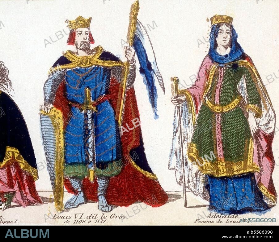 Ludwig VI., der Dicke, König von Frankreich (1108-1137); 1081-1137. - "Louis VI., dit le Gros, de 1108 à 1137." / "Adelaide, Femme de Louis VI.". (Ludwig VI., der Dicke und seine Gemahlin Adelheid (1092-1154) ). Holzstich, koloriert, um 1850; Bilderbogen (Gangel, Metz), Detail. Privatsammlung Frankreich.