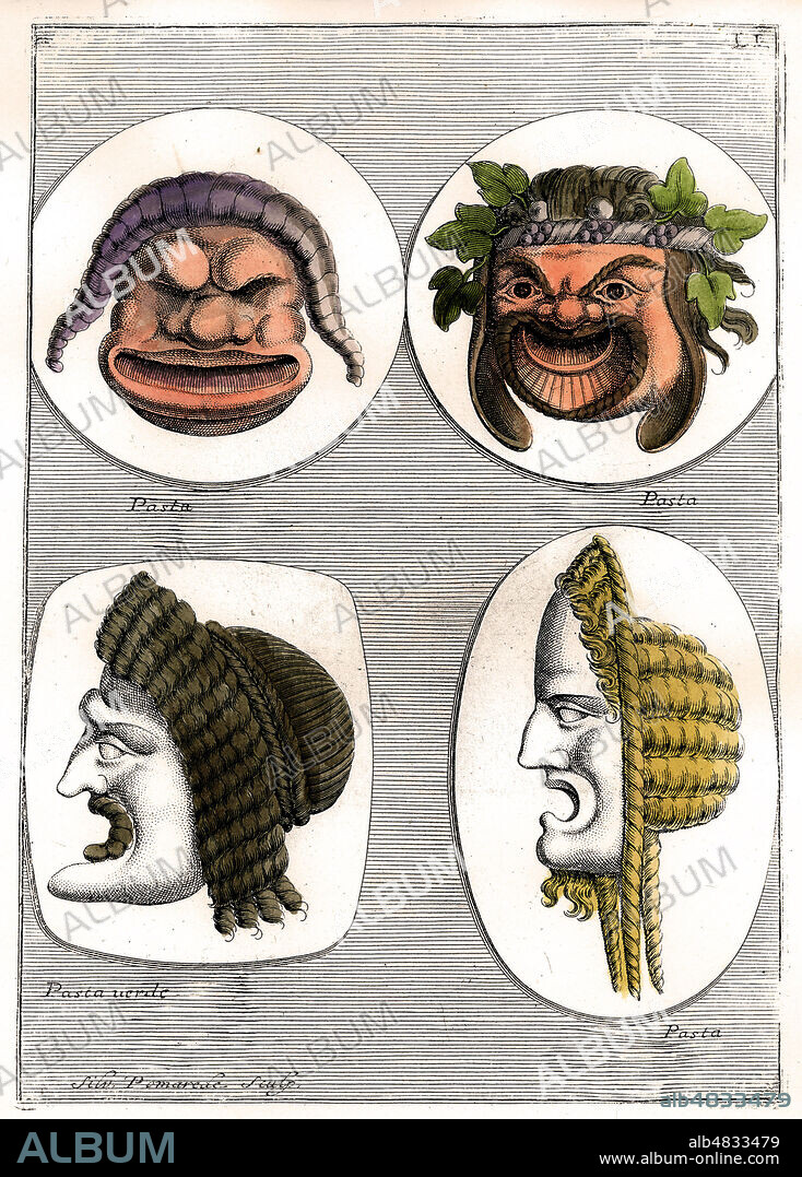 MAsques d'argile et de bois avec postiches de cheveux pour le Theatre ROmain, Rome antique. Gravure in Le Maschere sceniche e le figure comiche d'Antichi Romani (Francesco de 'Ficoroni, Les masques de théâtre et les figures comiques d'anciens Romains brievement decrits ), de Francesco de Ficorini (1664-1747) archeologue, antiquaire et collectionneur erudit italien. Credit KHARBINE TAPABOR.