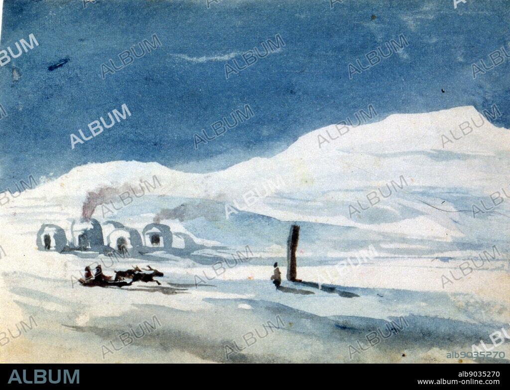 Igloos and Esquimos (Inuit). Watercolour. Watercolour and gouache Painted by Aurore Amadine Lucie Dupin (1804-1876) French novelist and feminist who wrote under the name of George Sand.