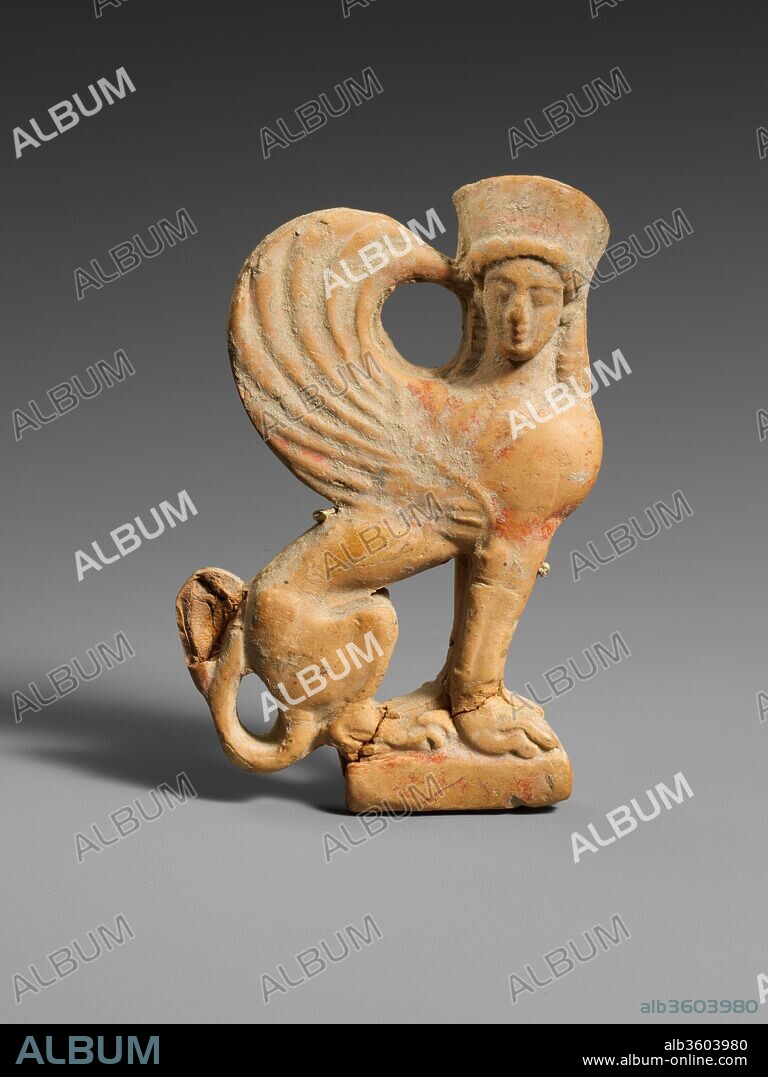 Terracotta relief of a sphinx. Culture: Greek, Corinthian. Dimensions: H. 3 15/16 in. (10 cm.). Date: 1st half of 5th century B.C..
The style and technique of this piece very closely correspond to those of the reliefs that ornamented shrines, altars, and temples in Corinth.