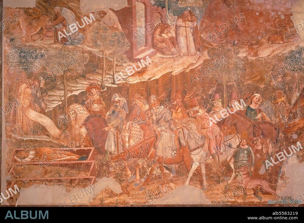 Meister vom Triumph des Todes. (Bonamico Buffalmaco?). "Der Triumph des Todes", um 1336/41. Linker Hälfte: "Die Begegnung zwischen den Lebenden und den drei toten Königen in offenen Särgen". Fresko, Gesamtmaße 5,6 × 15 m. Pisa (Toskana, Italien), Camposanto, Südwand.