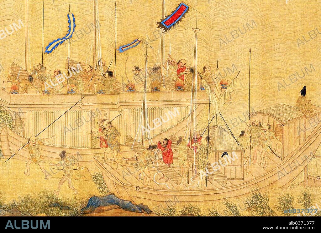 In the waning years of the Yuan dynasty (1279-1368), <i>wokou</i> (Japanese pirates) raided the coastal provinces of eastern China with increasing regularity. Despite suffering defeat in Shandong in 1363, raiding parties continued, pushing even farther south along the coast to Fujian Province.<br/><br/>. The scroll in its entirety shows a party of Japanese pirates landing in a coastal community, scouting and raiding local residences, the flight of refugees, and the response of Ming troops who defend the area in a pitched battle on the water.