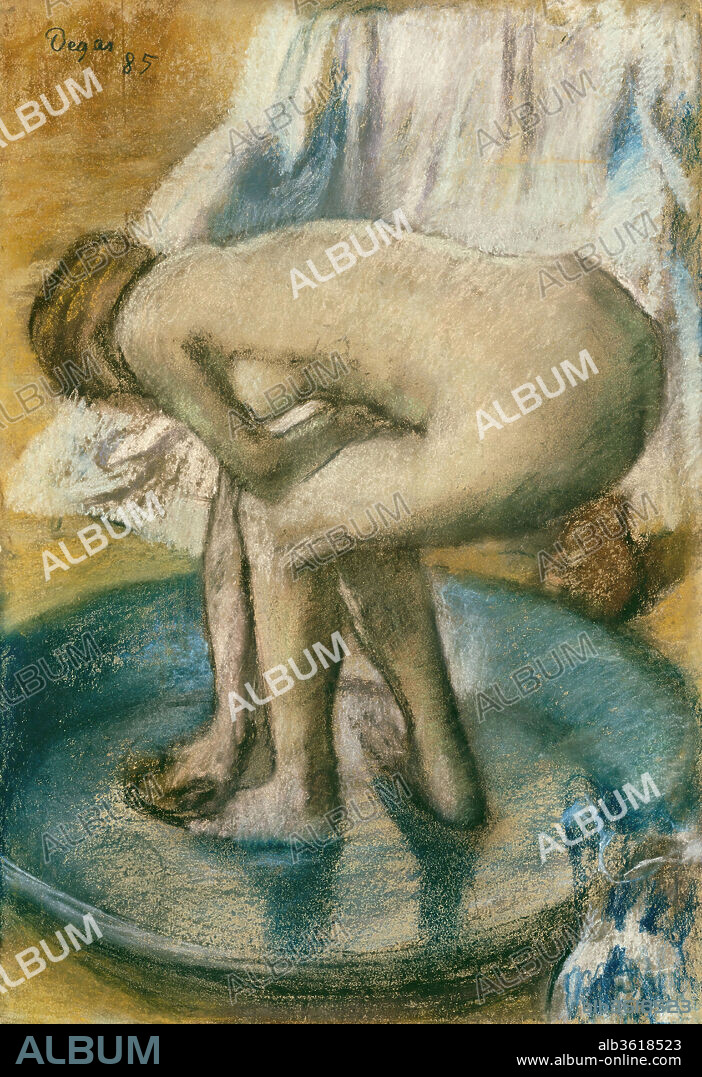 Woman Bathing in a Shallow Tub. Artist: Edgar Degas (French, Paris 1834-1917 Paris). Dimensions: 32 x 22 1/8in. (81.3 x 56.2cm). Date: 1885.
When Degas showed his "suite of nudes," including this pastel, at the eighth and final Impressionist exhibition in 1886, critics viciously attacked the ungainly poses of his bathers. After the exhibition Degas gave the picture to Mary Cassatt in exchange for her painting <i>Girl Arranging Her Hair</i> (National Gallery of Art, Washington). Louisine Havemeyer eventually acquired both works.