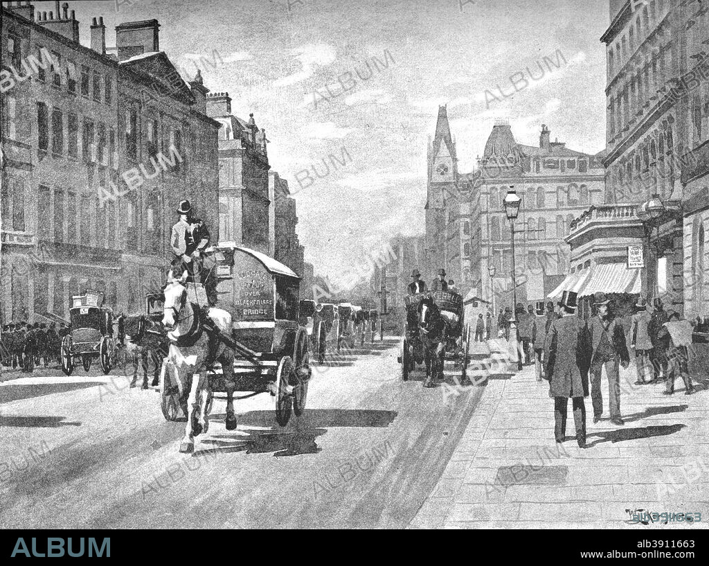 'New Bridge Street, Blackfriars', 1891. From London City: Its History - Streets - Traffic - Buildings - People by W. J. Loftie. [The Leadenhall Prefs, London, 1891].