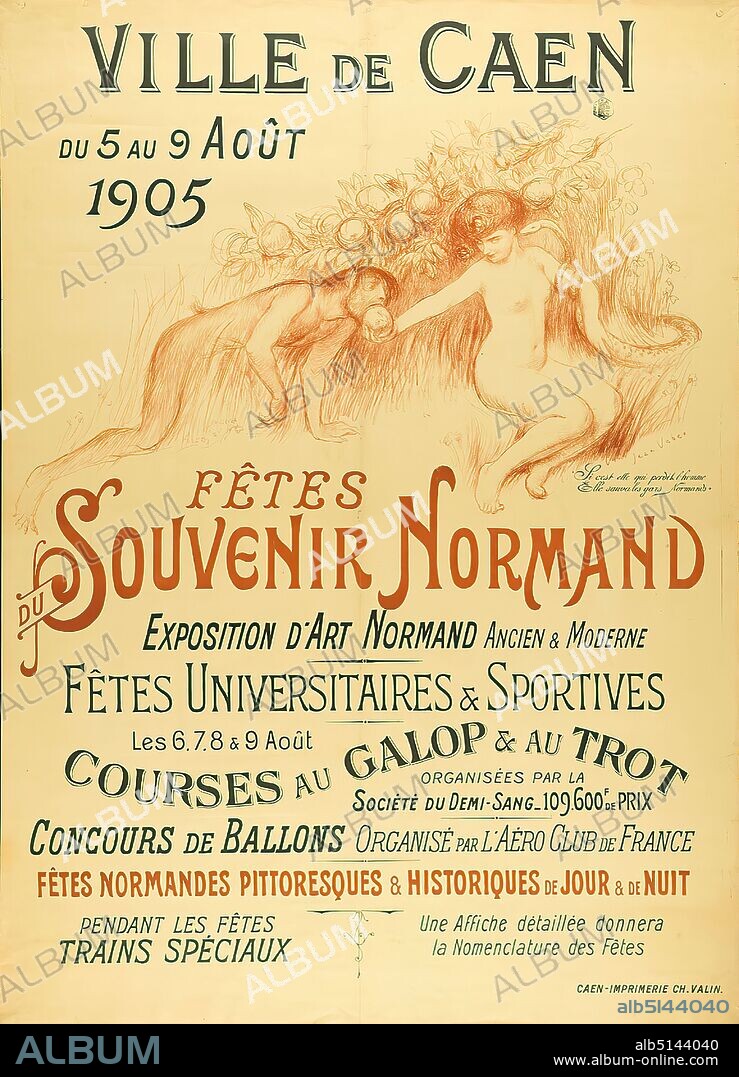 Jean Veber, Imprimerie Ch. Valin, Ville de Caen - Fêtes du Souvenir Normand, paper, lithography, total: height: 149 cm; width: 107,5 cm, signed: u. r. in print: Jean Veber, event posters, leisure/travel/sport (posters), exhibition posters, Eva, apple, satyr, fauns, silene, temptation and fall from sin, snakes.
