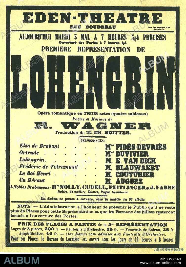 Premiere Poster for the opera Lohengrin by Richard Wagner in the Éden Théâtre, Paris.