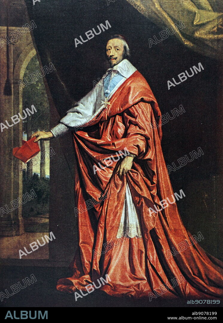 Portrait of Cardinal Richelieu (1585-1642) a French clergyman, nobleman, and statesman by Philippe de Champaigne (1602-1674) a founding member of the Academie de peinture et de sculpture.