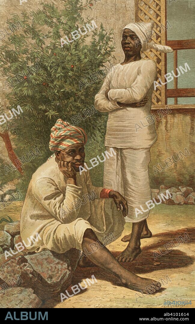 Manua Sera y el capitán Uledi, salvados de los náufragos. Ilustración en color. Africa Inexplorada, El Continente Misterioso, por Henry Morton Stanley, h. 1887. Biblioteca Histórico Militar de Barcelona, Cataluña, España.