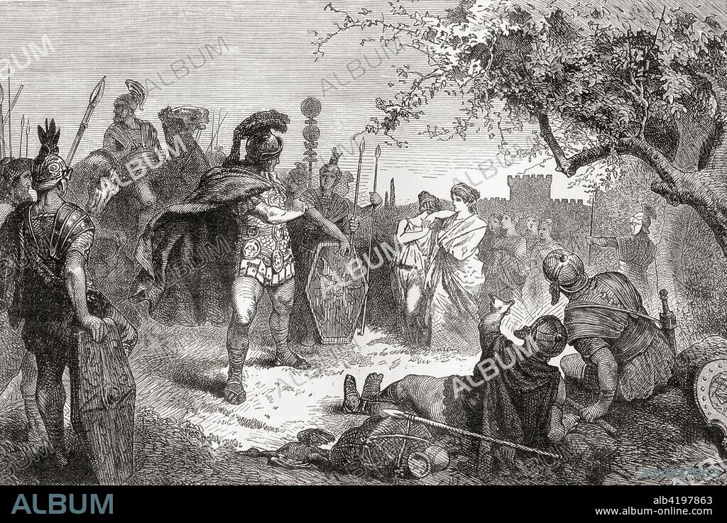 Coriolanus returns as an enemy to Rome after his exile, 488 BC.  Gaius Marcius  Coriolanus. 5th century BC Roman general.  From Ward and Lock's Illustrated History of the World, published c.1882.