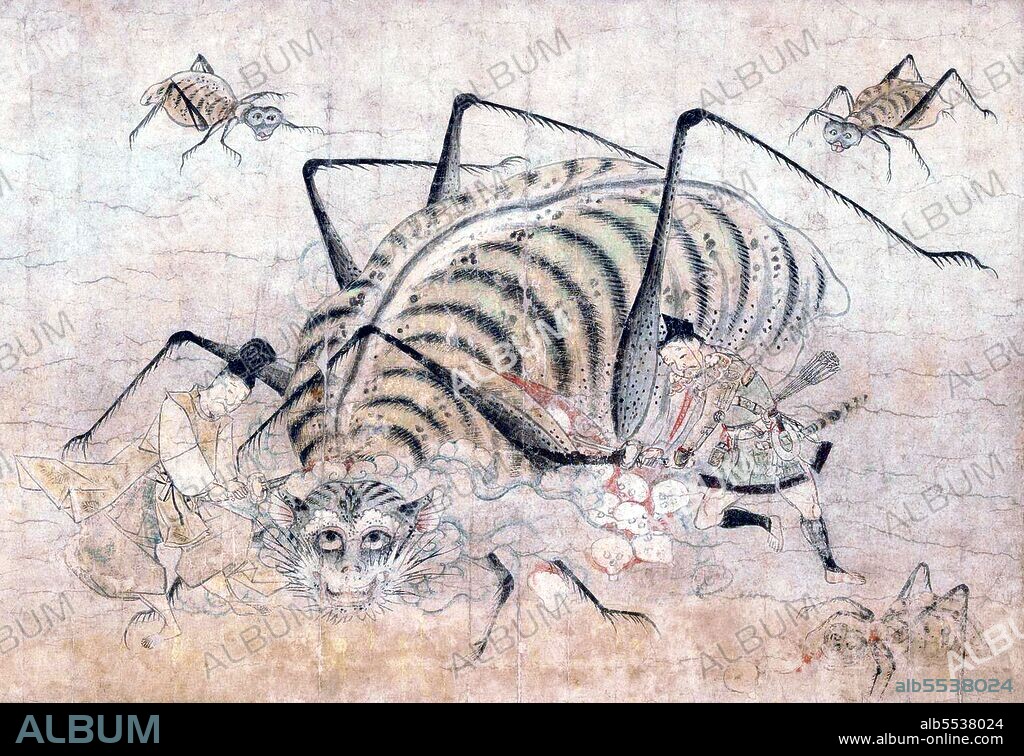 Tsuchigumo are monstrous creatures with the body of a tiger, limbs of a spider, and the face of a demon. They capture, bind and eat unwary travelers. When Minamoto no Yorimitsu killed a Tsuchigumo, 1,990 human skulls fell out of its belly. The Tsuchigumo no Zoshi Emaki (Narrative picture scroll of the story of the earth spider is a picture scroll depicting a story of a battle between Tsuchigumo and Minamoto no Yorimitsu, a general in the mid-Heian period. The story is well known as an episode in Taiheiki (a warrior tale) and the Noh song 'Tsuchigumo'.