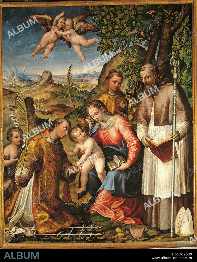 Madonna and the Child with St Lawrence, St Stephen, St John the Baptist and St Ubald, by Unknown Artist, 1500-1550, 16th Century,. Italy, Lombardy, Milan, Settimo Milanese - Seguro, Parish church, on deposit from the Brera art gallery. All. Holy Conversation the Virgin Mary Madonna the Infant Jesus the Christ Child angels Saints St Lawrence bishop martyr palm of martyrdom chasuble gridiron child little boy St John the Baptist St Stephen first martyr deacon tonsure stones St Ubaldus friar monk Servite habit pastoral staff foreshortened view landscape hills trees red blue white brown green ocher. Authorization required for non editorial use.
