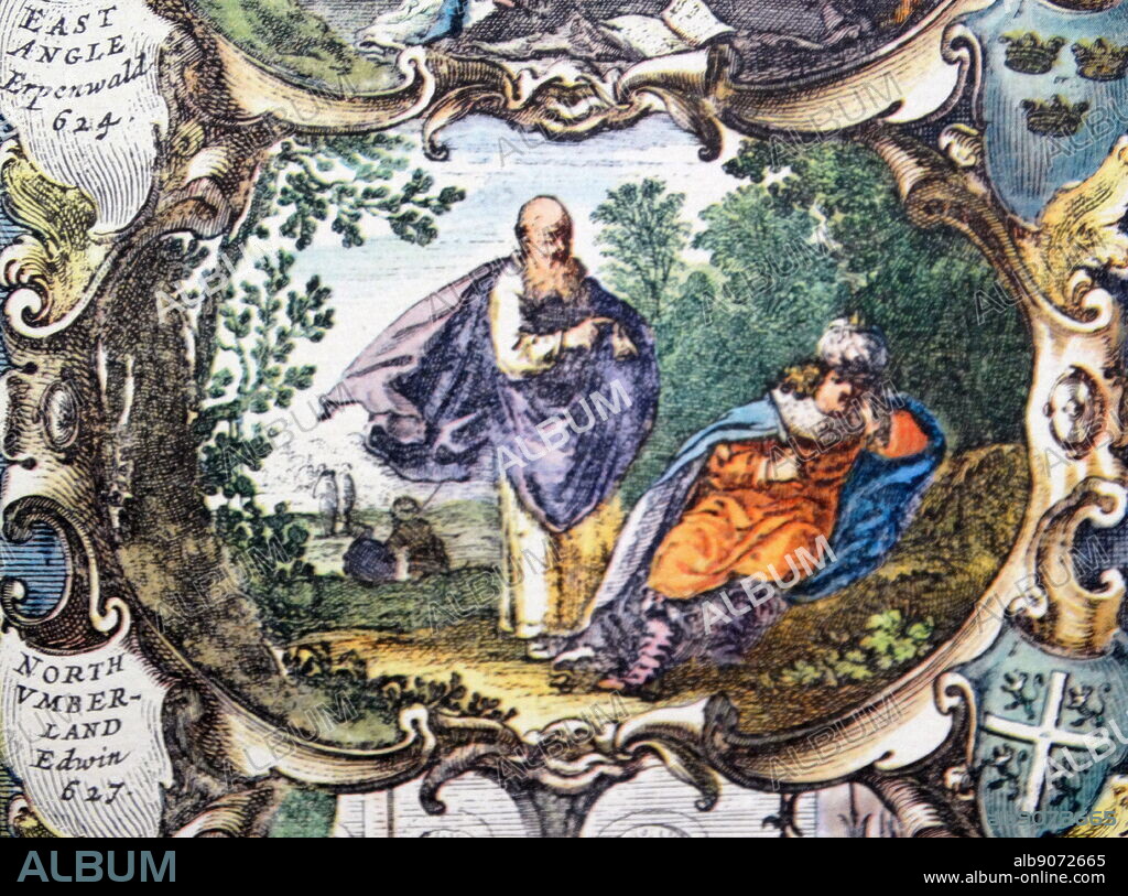 Edwin; c. 586 633, also known as Eadwine, King of Deira and Bernicia which later became known as Northumbria from about 616 until his death. Detail from an antique map of Britain, by the Dutch cartographer Willem Blaeu in Atlas Novus (Amsterdam 1635).