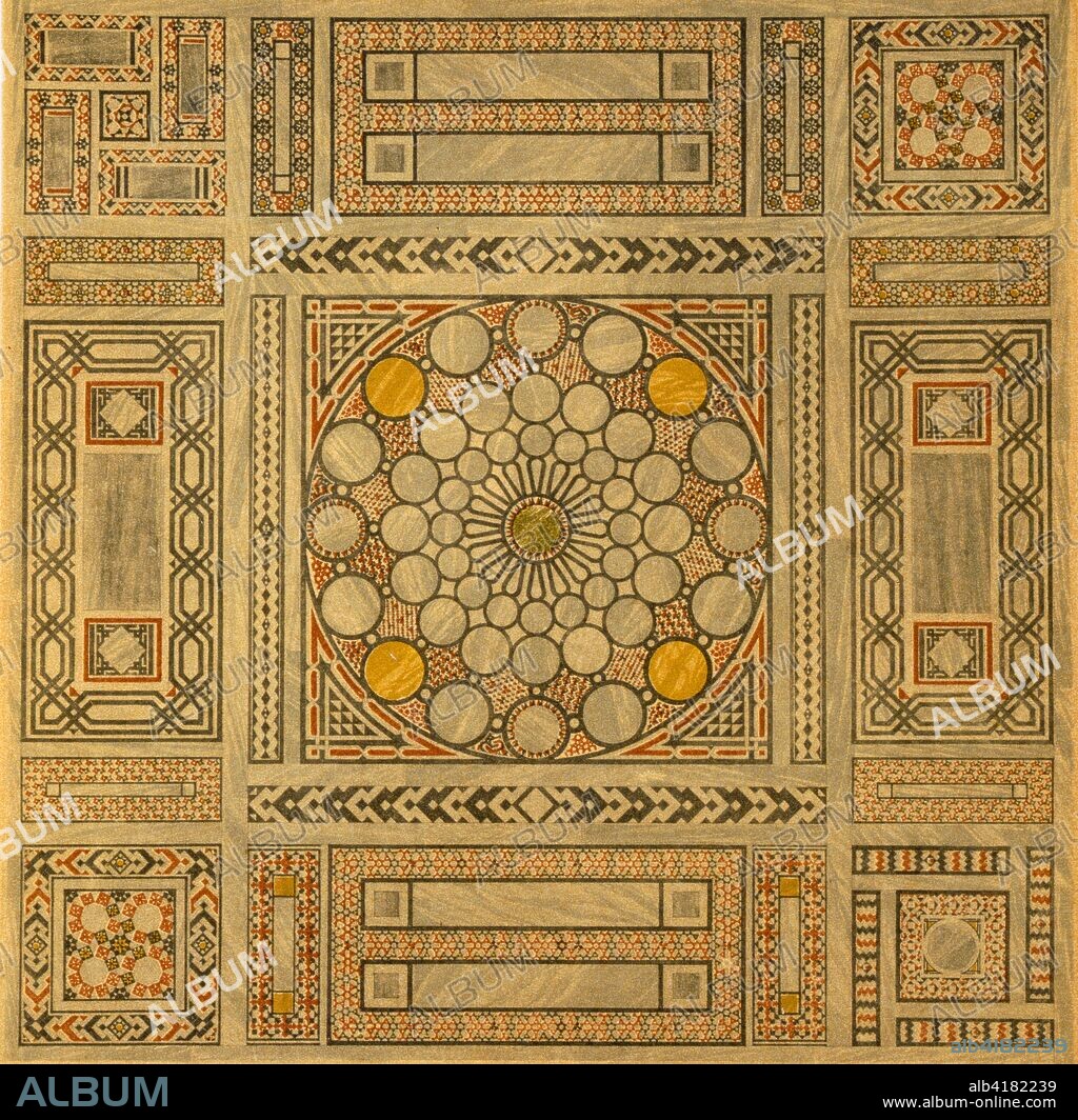 Mosaic decoration from the Mosque of Al-Ma'ini in Damietta, from The Mosques of Egypt from 21 to 1365 H; pub. 1949 (colour lithographgraph). Highly ornate geometric mosaic decoration, possibly of a marble floor; from the Mosque of Al-Ma'ini in Damietta, also known as Damiata, or Domyat; a port in North Egypt; from: The Mosques of Egypt from 21H to 1365H (ie 641AD to 1946AD), by Cresswell K.A.C. (1879-1974).