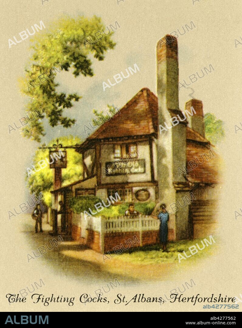 'The Fighting Cocks, St. Albans, Hertfordshire', 1936. Ye Olde Fighting Cocks, with foundations claimed to date from 793 and earliest license records 1756. From "Old Inns - A Series of 40", 1936. [W. D. & H. O. Wills, 1936].
