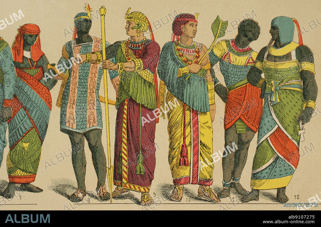 Antiguo Egipto. De izquierda a derecha; 7: sacerdotisa en traje de ceremonia, 8: coraza o cota de malla de escamas, 9-10: traje adherido al cuerpo con mangas estrechas y largas, 11-12: delantal ricamente guarnecido para reyes y sacerdotes. Cromolitografía. Historia Universal, por César Cantú. Tomo I, 1881.