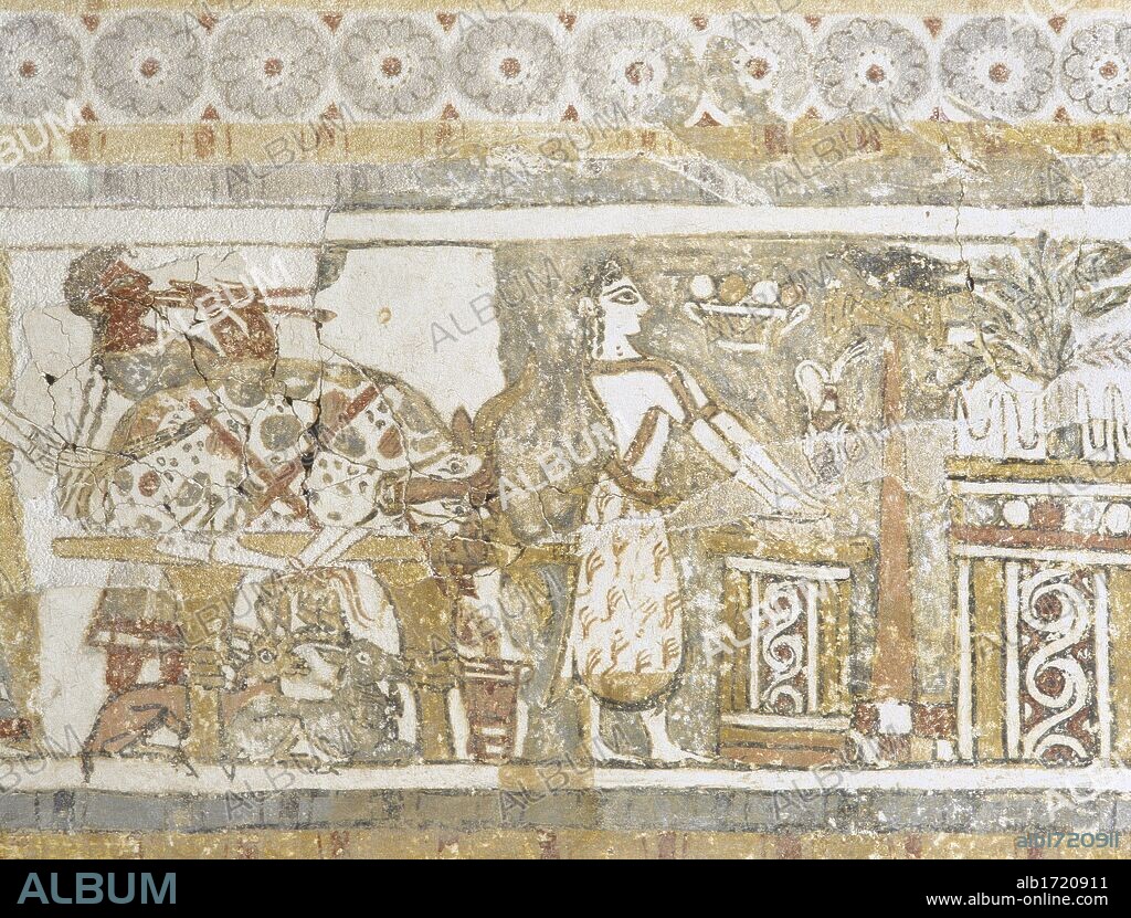ARTE MINOICO. GRECIA. SARCOFAGO DE AYIA TRIADA. Sarcófago de piedra decorado con pinturas que representan una ceremonia fúnebre en sus cuatro lados. Representación de un sacrificio de un toro en honor al rey. Un músico toca la doble flauta. CIVILIZACION MINOICA DE LOS NUEVOS PALACIOS (1600-1380 a. C.). Museo Arqueológico de Heraklio. CRETA.