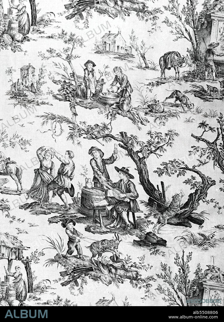 CHRISTOPHE-PHILIPPE OBERKAMPF. L'Abreuvoir, (The Drinker), Furnishing Fabric, France, 1796/97. Rustic scenes of drinking and dancing, designed by Jean Baptiste Huet, manufactured by Christophe Philippe Oberkampf.