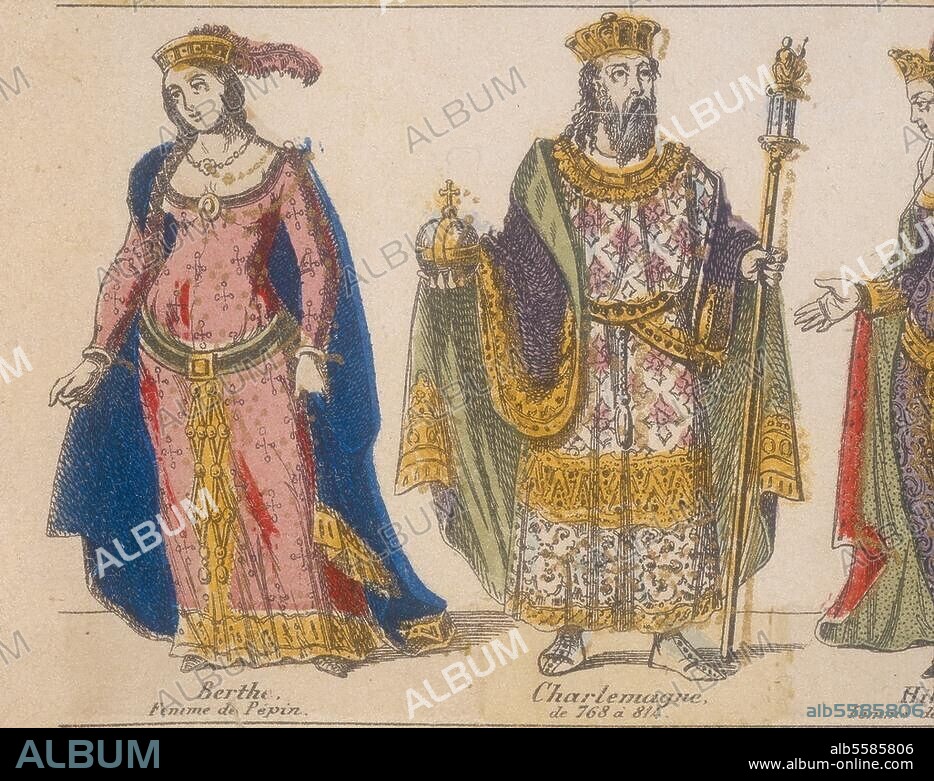 Charlemagne, roi des Francs (768-814), empereur d'Occident (800-814) . 742-814. - "Berthe, Femme de Pépin." / "Charlemagne, de 768 à 814." - Gravure sur bois, coloriée, vers 1850. Livre d'images (Gangel), détail. Coll. part., France.
