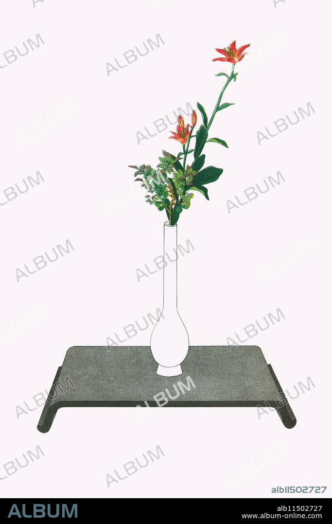 JOSIAH CONDER. Print from a collection of Japanese flower arrangements known as Ikebana.  Kurumayuri and Natsu-Haze (Lily & Wax Tree) in Slender White Vase.