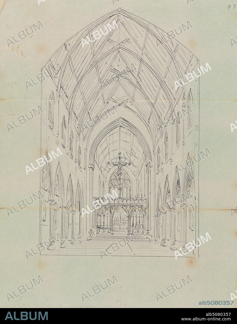 Sketch of the Interior of a Gothic Church, Augustus Welby Northmore Pugin, 18121852, British, Augustus Charles Pugin, 17621832, French, undated, Pen and gray ink and graphite on thin, smooth, cream wove paper, Sheet: 9 3/4 x 7 3/4 inches (24.8 x 19.7 cm), altar, architectural subject, church, cross (object), Gothic (Medieval), interior.