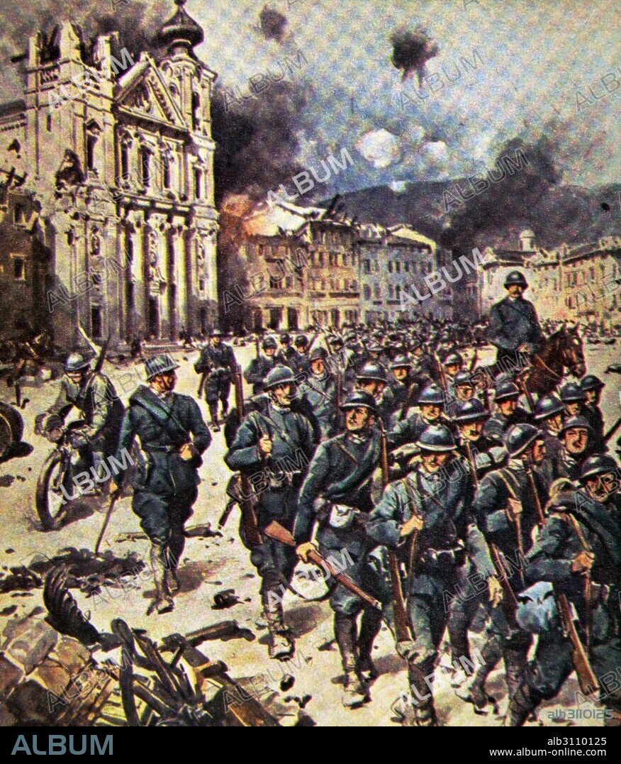 PRIMERA GUERRA MUNDIAL (1914-1918). La toma de Gorizia el 9 de agosto de 1916 por las tropas italianas, a los austro-húngaros exaltó el espíritu del los soldados italianos. Grabado. La Domenica del Corriere. Italia. Color.