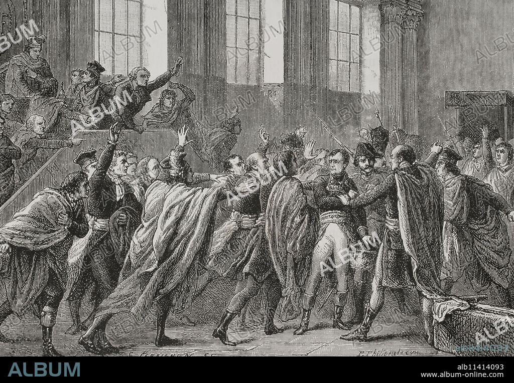 Historia de Francia. Golpe de Estado del 18 de brumario (9 de noviembre de 1799). Acabó con el Directorio (1795-1798) para dar paso al Consulado, con Napoleón Bonaparte (1769-1821) como líder. Napoleón el 18 de brumario en el Consejo de los Quinientos, cámara del poder legislativo durante el Directorio. Dibujo por por Philippoteaux. Grabado por Perrichon. "Historia de la Revolución Francesa". Tomo I, parte segunda. 1879.