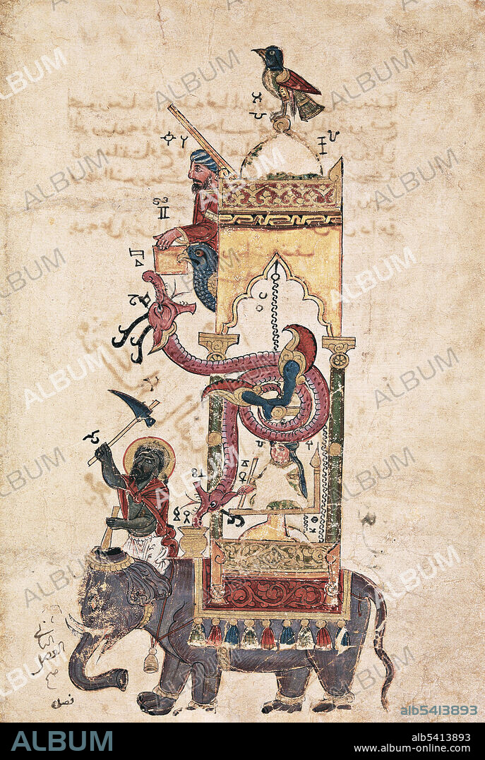 "The Elephant Clock", Folio from a Book of the Knowledge of Ingenious Mechanical Devices by al-Jazari Folio from The Book of the Knowledge of Ingenious Mechanical Devices by Badi' al-Zaman ibn al-Razzaz al-Jazari. Ink, opaque watercolor, and gold on paper. This page comes from a treatise on fantastic devices invented by the author al-Jazari. His elephant clock was especially intricate: every half hour, the bird on the dome whistled; the man below dropped a ball into the dragon’s mouth; and the driver hit the elephant with his goad. While illustrated manuscripts were growing increasingly popular at the time, this folio is a rare survival from Syria, where few such manuscripts are known from this date.
