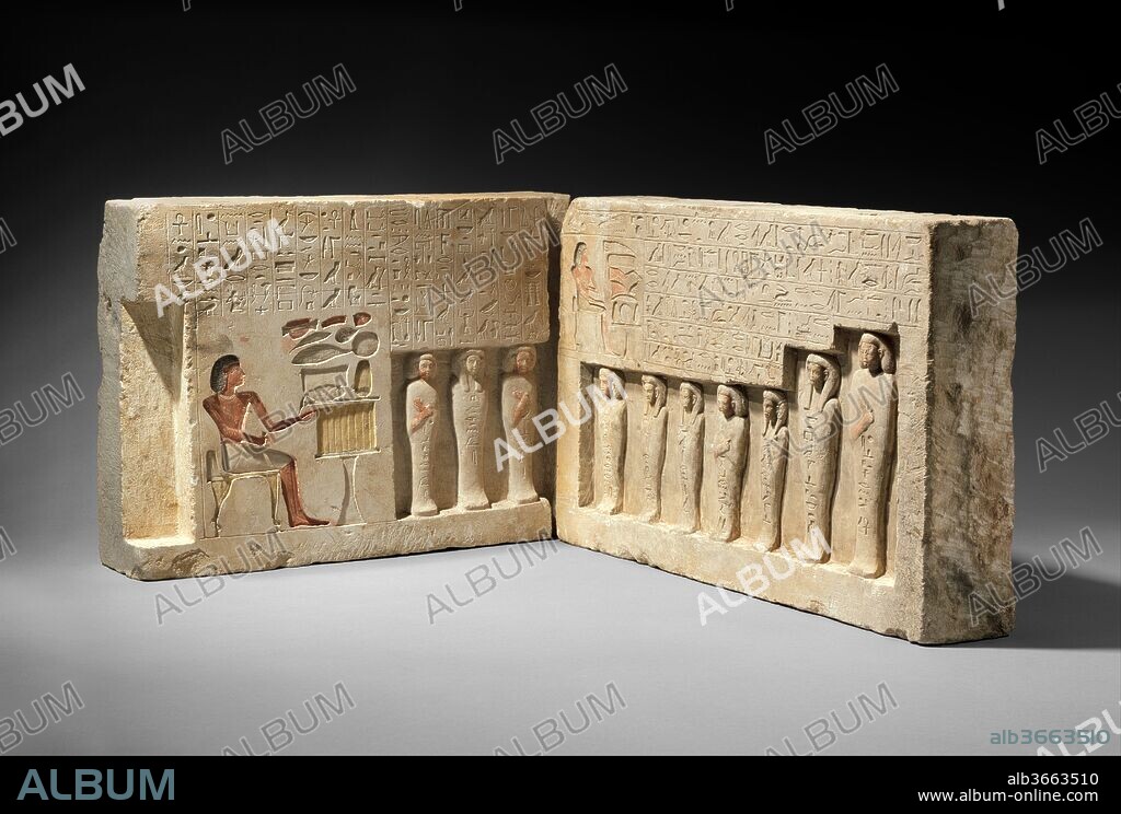 Reliefs from the Chapel of the Overseer of the Troops Sehetepibre. Dimensions: 65.120.1: H. 30.5 cm (12 in.); W. 42.5 cm (16 3/4 in.); Th. 10.6 cm (4 3/16 in.); 65.120.2: H. 30.5 cm (12 in.); W. 49.2 cm (19 3/8 in.); Th. 9.7 cm (3 13/16 in.). Dynasty: Dynasty 13. Date: ca. 1802-1640 B.C..
The  "overseer of troops" Sehetepibre, son of Sitankhu, was the owner of a commemorative chapel at Abydos, presumably built on the "Terrace of the Great God" near the Osiris Temple. From here, he could magically and eternally participate in the festivals celebrating this god that were held each year. The two surviving walls of this chapel depict Sehetepibre seated at an offering table (on slab 65.120.1) with formulaic inscriptions that request provisions from the deities worshipped at Abydos.
The lower portions are deeply cut back to form ten niches, each occupied by a mummiform figure that is identified by an inscription. Although Egyptian hieroglyphs could be written in either direction, the preference was right to left. Thus, the list of Sehetepibre's family begins on slab 65.120.2 and continues 65.120.1. The largest figure (on slab 65.120.2) is Sehetepibre himself. To his right is Djehutyhotep, presumably his wife, followed by her daughter, Sitankhu. The remaining figures depict other relatives as well as members of his household.