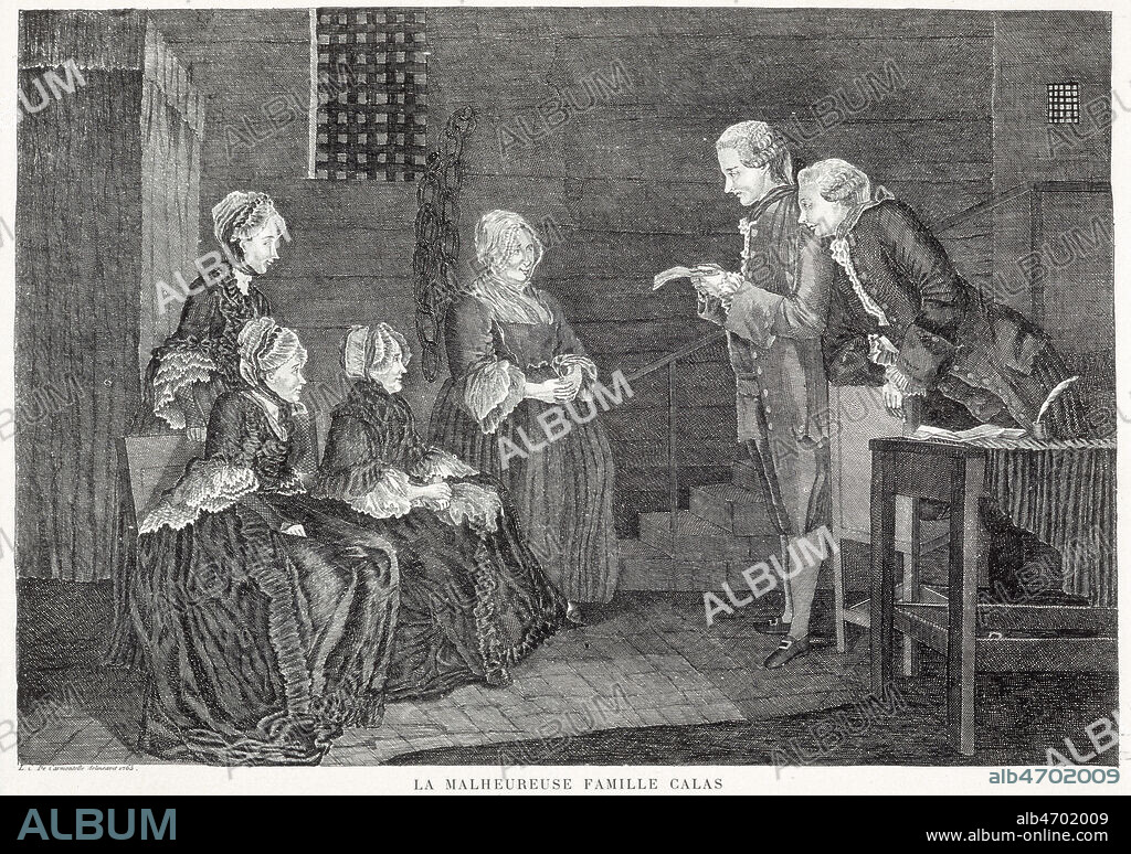 L'Affaire CALAS: La malheureuse famille CALAS, gravure de Carmontelle . Gravure fin 18eme reprise dans l'ouvrage Le Musee Criminel vers 1900-1910. Credit : Collection Kharbine-Tapabor.