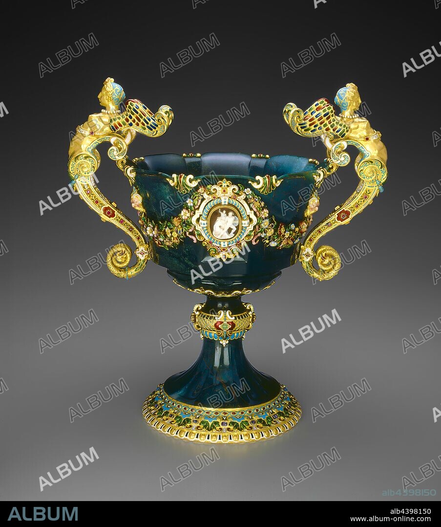 Cup, Jean-Valentin Morel (French, 1794-1860), 1854-1855, bloodstone (jasper), gold, enamels, emeralds, rubies, sapphires, cameos, 11 x 10 x 7 in., Marks on top of gold band of mount on stem (Ajax cameo side): Maker's mark for Jean-Valentin Morel, Marks on top of gold band of mount on stem (Ajax cameo side): head of horse turned to the right (poincon de petite garantie) (warranty), ...see Notes tab..., Decorative Arts.