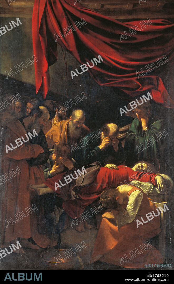 Death of the Virgin Mary, by Michelangelo Merisi known as Caravaggio, 1605-1606, 17th Century, oil on canvas, cm 369 x 245. France, Ile de France, Paris, Muse du Louvre. All. The dead Madonna on her back supine red dress Apostles Disciples crying women grazing light red cloth.