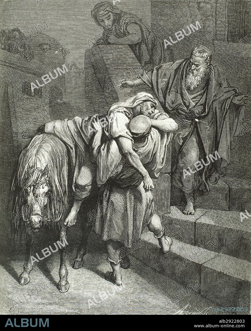 NUEVO TESTAMENTO. "PARABOLA DEL BUEN SAMARITANO". Llegada del Buen Samaritano a la posada. Grabado de Gustave DORE.