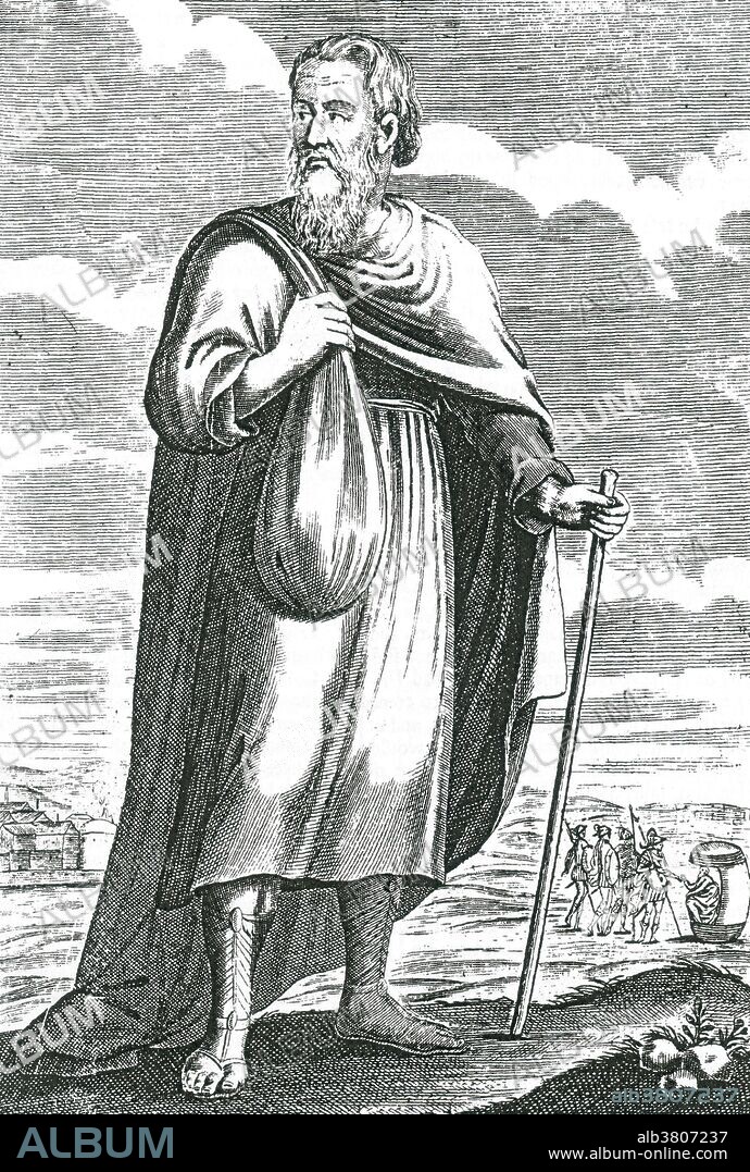 Diogenes of Sinope (412 BC - 323 BC) was a Greek philosopher and one of the founders of Cynic philosophy. For the Cynics, the purpose of life was to live in virtue, in agreement with nature. As reasoning creatures, people could gain happiness by rigorous training and by living in a way which was natural for humans, rejecting all conventional desires for wealth, power, sex, and fame. Instead, they were to lead a simple life free from all possessions. He made a virtue of poverty. He begged for a living and slept in a large ceramic jar in the marketplace. He became notorious for his philosophical stunts such as carrying a lamp in the daytime, claiming to be looking for an honest man. He embarrassed Plato, disputed his interpretation of Socrates and sabotaged his lectures. Diogenes was also responsible for publicly mocking Alexander the Great. After being captured by pirates and sold into slavery, he Diogenes settled in Corinth where he died in 323 BC at the age of 81. Engraving from "The History of Philosophy" by Thomas Stanley published in three successive volumes between 1655 and 1661.