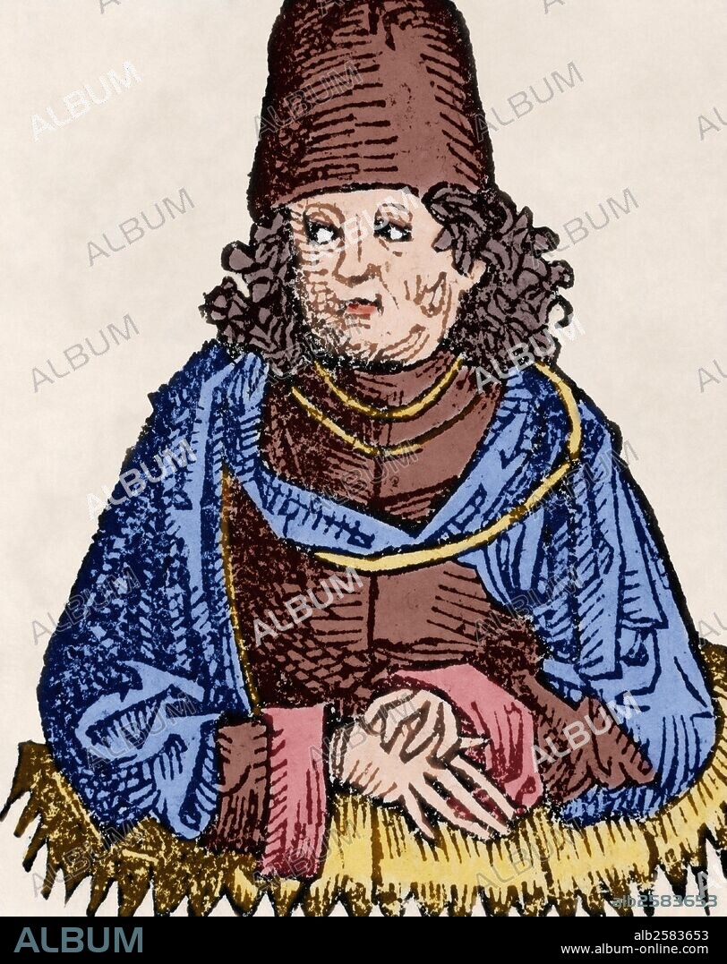 ARISTOTELES (Estagira, 384-Calcis, 322 a. C). Filósofo griego. De entre sus escritos caben destacar los tratados de lógica llamados "Organon", sus tratados de Física, los tres libros sobre el Alma, catorce libros de Filosofía Primera conocidos como Metafísica, libros referentes a la Etica, a la política, tratados dedicados a la retórica y la poética. Grabado coloreado.