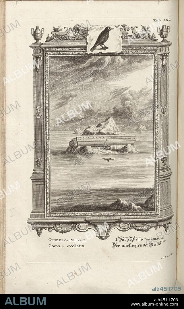 Joe flew, Parallel Title: The Flying Raven; Noah's Ark, Flood, Signed: J. G. Pinz sculp, copperplate engraving, plate LXI (Vol. 1), Füssli, Johann Melchior; Pinz, Johann Georg (sculp.), 1731, Johann Jakob Scheuchzer: Kupfer-Bibel (...). Augspurg und Ulm: gedruckt bey Christian Ulrich Wagner, 1731-1735.