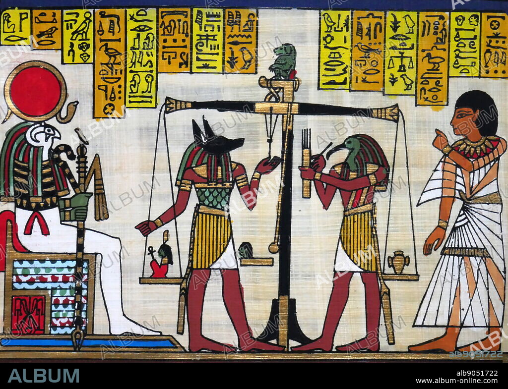 Contemporary papyrus depicting the ancient Egyptian gods Anubis and Thoth weighing of the heart for a deceased pharaoh. Ra Harachte looks on.