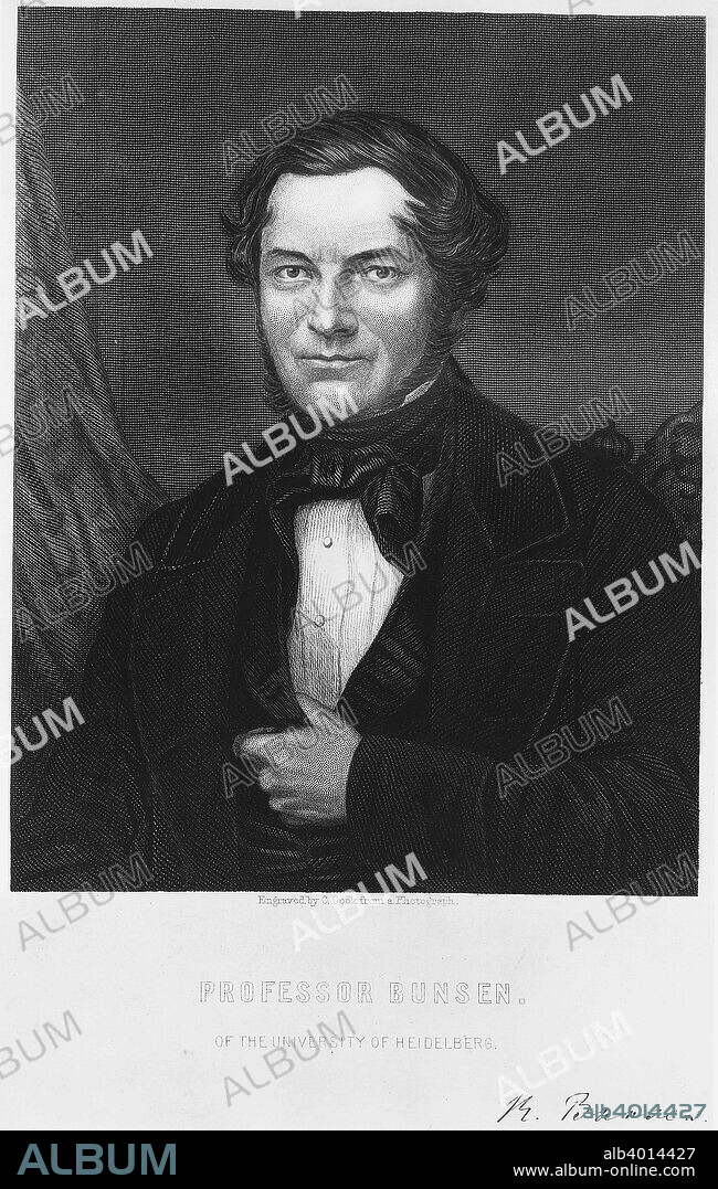 Robert Bunsen, German chemist, 1850s. Signed portrait; Bunsen (1811-1899) is widely considered one of the greatest experimental chemists of the 19th century. He was a pioneer of chemical spectroscopy, and the inventor of the Bunsen cell, the Bunsen ice calorimeter and the Bunsen burner. Spectroscopy is the branch of science concerned with the investigation and measurement of spectra produced when matter interacts with or emits electromagnetic radiation.