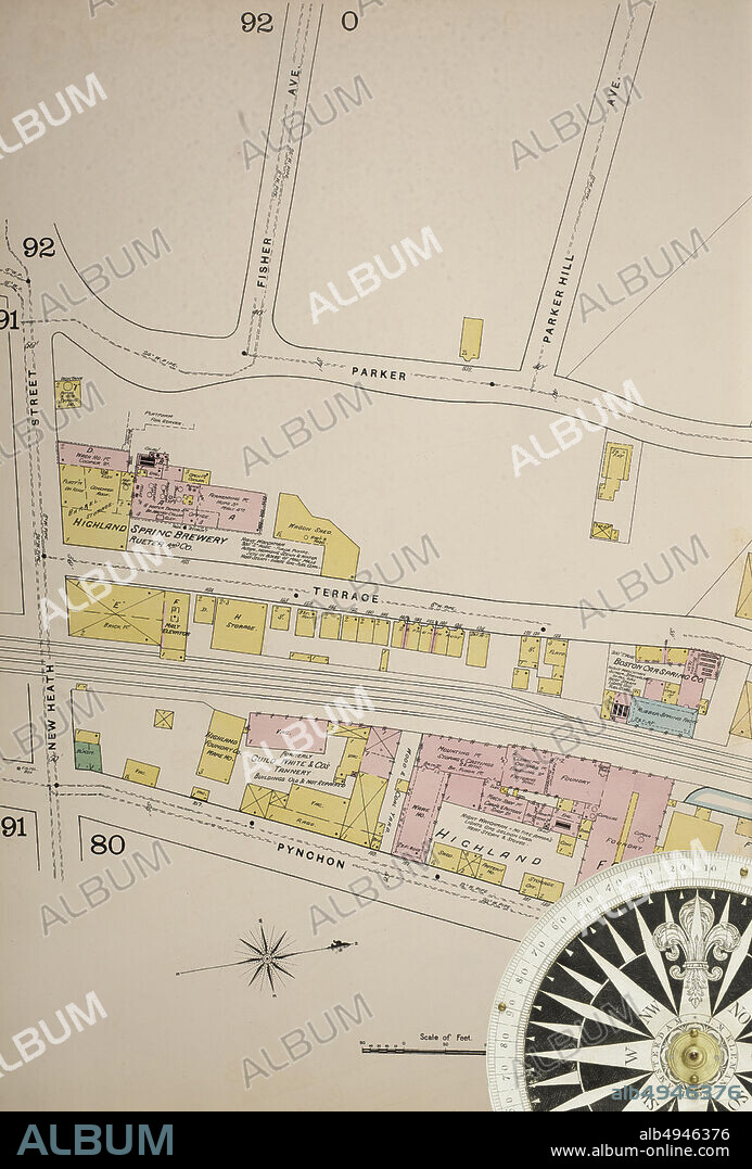 Image 37 of Sanborn Fire Insurance Map from Boston, Suffolk County, Massachusetts. Vol. 3, 1888. 81 Sheet(s). Includes Roxbury, West Roxbury, Parts of Brighton, Brookline. Double-paged plates numbered 62-100. Bound, America, street map with a Nineteenth Century compass.